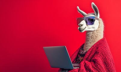 Wall Mural - studio photo portrait of a happy lama in hipster clothes using a laptop, concept of bright colors an