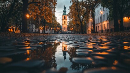 Serene Urban Reflection in Autumn Evening Light