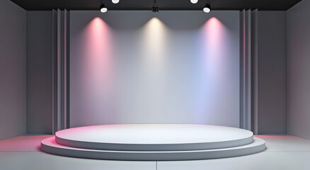 Poster - Brightly lit presentation stage with minimalist design ideal for events, showcases, and product displays in a modern space