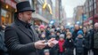 © starush - Magician performing a card trick captivates a diverse crowd on a bustling city street, AI