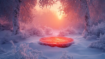 Aufkleber - A frozen, circular lake sits in a snow-covered forest. The lake is covered in a layer of ice that reflects the light of the sunrise, which is shining through the trees.