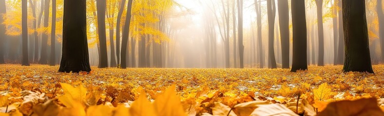 Wall Mural - autumn forest with yellow leaves in the fall season, a panoramic banner background generative ai