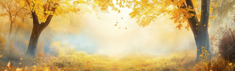 Wall Mural - beautiful autumn forest with yellow leaves, panoramic landscape with copy space area generative ai