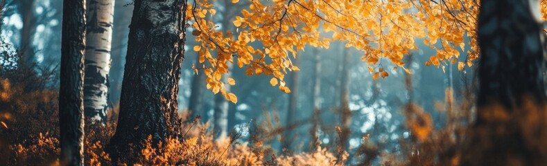 Wall Mural - a forest with yellow leaves in autumn, a beautiful nature background banner panorama generative ai