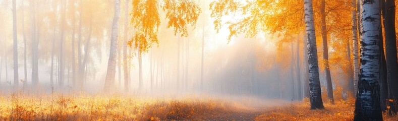 Wall Mural - beautiful autumn forest with yellow leaves in the morning light, panoramic banner generative ai