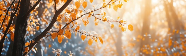 Wall Mural - beautiful autumn forest with yellow leaves in the morning, panoramic banner generative ai