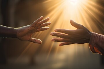 two hands extend toward each other in a gesture of connection bathed in warm sunlight during a tranq