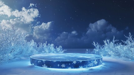 Aufkleber - A striking winter landscape features a luminous circular platform in a snowy setting under a starry sky. Surrounding icy foliage adds to the enchanting atmosphere of this serene environment.