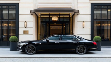 A luxury car awaits by an elegant hotel radiating sophistication and charm