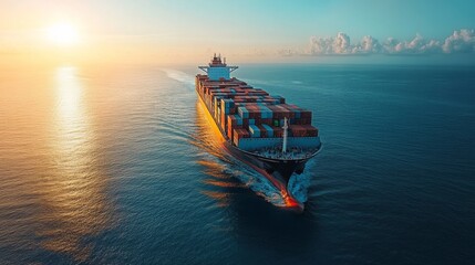 A large cargo ship navigates through tranquil ocean waters during sunset, surrounded by vibrant clouds and reflecting golden light.