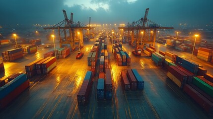 Aufkleber - The scene captures a bustling shipping port at dusk, where numerous colorful cargo containers are arranged neatly. Rain-soaked surfaces reflect the glow of port lights, creating a moody atmosphere.