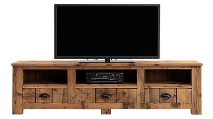 A rustic wood tv stand with a flat screen television on top.