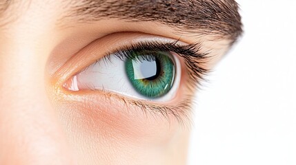 Human, green healthy eye macro on white background, vision concept