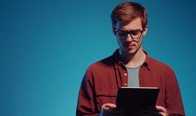Smart millennial guy in glasses using tablet computer over blue studio background, banner design with copy space