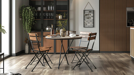 Modern dining room with wooden table and chairs, a plant and a framed picture.