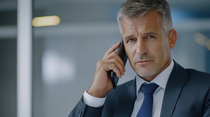 Mature businessman in business suit talking on phone, manager satisfied with achievement and work result