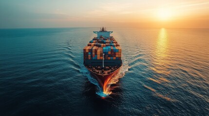 Aufkleber - A massive cargo ship sails through tranquil waters, its deck loaded with vibrant containers, while the sun sets in the background, casting a warm glow.