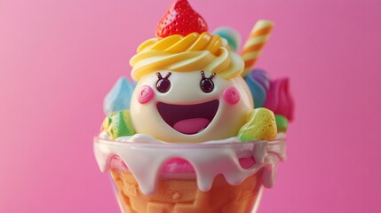 Wall Mural - Happy ice cream with a strawberry on top, with a waffle cone, a whipped cream and candy.