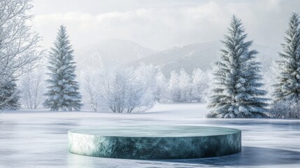 Fototapete - A circular icy platform rests in a tranquil winter landscape, surrounded by snow-covered trees and hills.