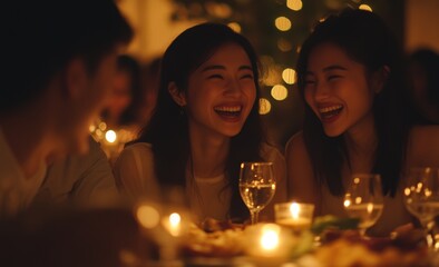 A group of Asian people are seated around a table with wine glasses and candles. The scene is cheerful and social