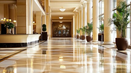 An empty hotel lobby has elegant decor and natural light offering an inviting ambiance