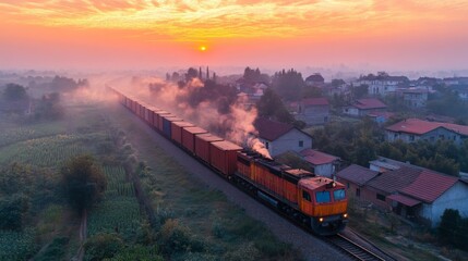 Aufkleber - A freight train chugs along a winding track through a tranquil rural area, with colorful autumn leaves and houses silhouetted against the vibrant sunset.