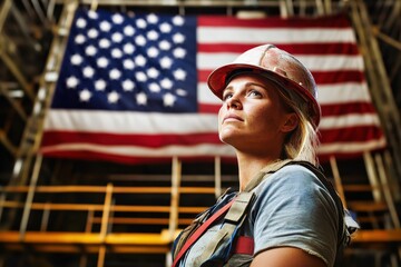 American construction worker woman looking up with usa flag background