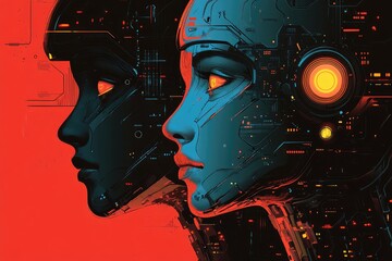 Wall Mural - Futuristic Cybernetic Human Profiles with Glowing Eyes on a Red Background