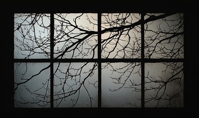 Wall Mural - Silhouette of window and tree branches on black. Gobo mask for light source