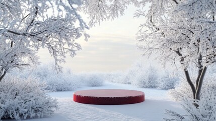 Fototapete - A striking red circular platform stands alone in a serene winter wonderland, encircled by snow-laden trees. The soft light of dawn creates a tranquil atmosphere in the snowy landscape.