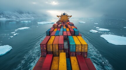 Aufkleber - A large cargo ship makes its way through chilly Arctic waters, surrounded by floating icebergs under a cloudy sky. The colorful shipping containers on deck contrast with the icy landscape.