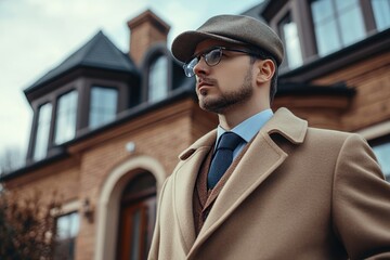 Male detective wearing costume and standing on blurred house background