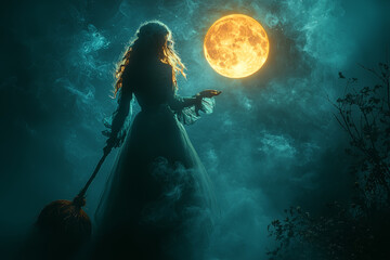 Wall Mural - a witch flying across the night sky on a broomstick, silhouetted against the full moon. concept of f