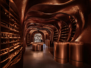 Stunning copper-lined interior of a modern luxury shoe store with curved design