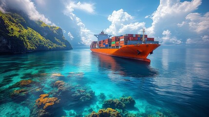 Aufkleber - The cargo ship, laden with colorful containers, sails smoothly across the turquoise waters, surrounded by lush green cliffs and coral formations, reflecting a bright, sunny day.