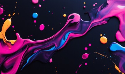 Wall Mural - Vibrant neon ink blots spread across a matte black surface, showcasing an abstract design with bold, eye-catching colors