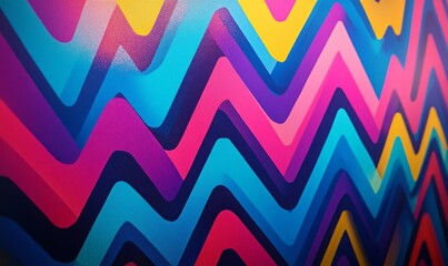 Wall Mural - Vibrant zigzag patterns in neon colors create a striking visual contrast on a thick backdrop, showcasing dynamic artistic flair