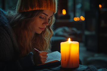 Wall Mural - a person writing in a journal by candlelight, reflecting on their day without rushing. concept of sl