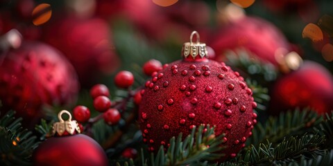 A festive and vibrant close-up image showcasing beautifully decorated red Christmas ornaments adorned with intricate details, nestled among green fir branches with soft, warm bokeh in the background