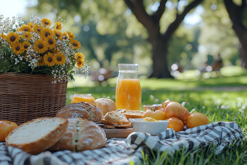 Wall Mural - A picnic set up in a park with simple, homemade food, celebrating slow and intentional living. Concept of slow living.