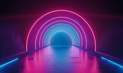 Abstract tunnel, corridor with rays of light and new highlights. Abstract blue background, neon. Scene with rays and lines