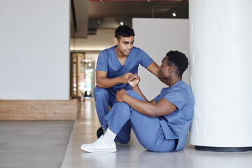 Poster - Stress, doctors and comfort with support at hospital for medical success, empathy cheers and healthcare. Men, consoling and fist bump for surgery news, teamwork and communication of emergency crisis