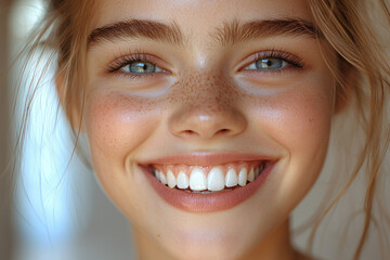 Wall Mural - A person smiling with crooked teeth, celebrating imperfections. Concept of self-acceptance.