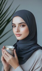 Woman in hijab holding jar of face cream.