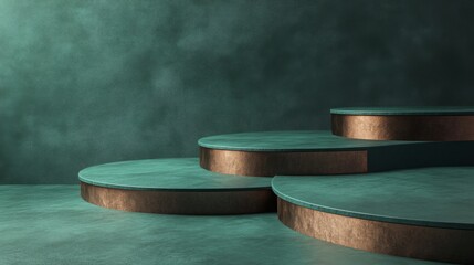 Fototapete - The composition features a series of smooth green steps with striking bronze edges, set against a textured background.
