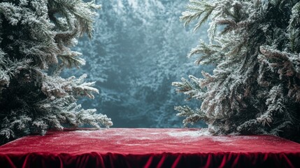 Aufkleber - Snow-covered trees create a magical atmosphere, framing a rich red velvet table. The scene evokes a serene winter day, highlighting the beauty of nature and festive anticipation.