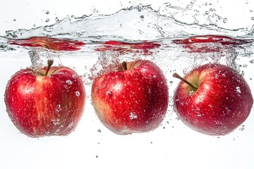 Wall Mural - Red apples falling into water on white background