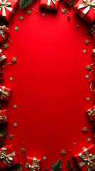 red christmas scene features bordered background adorned festive holiday gift decorations around per