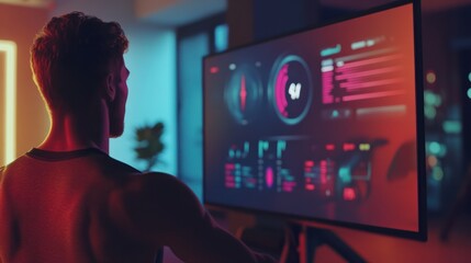 Detailed shot of a virtual fitness trainer on a large screen, focus on the health stats, blurred home gym in the background, vibrant lighting.