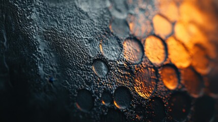 A close-up of textured black surface illuminated by warm orange light, creating a striking interplay of color and form in a mystical ambiance